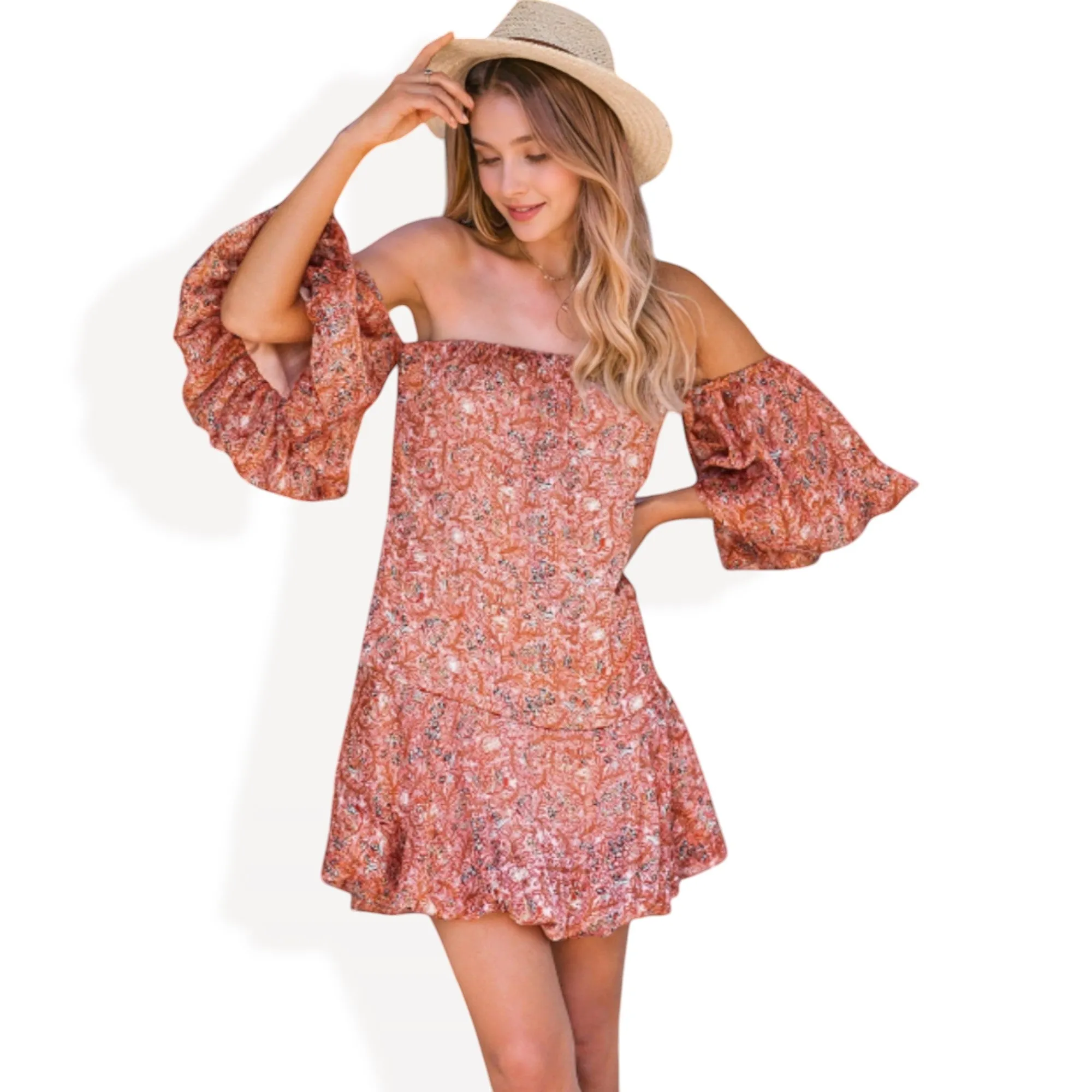 Anna-Kaci Women's Off-Shoulder Dress with Ruffled Sleeves and Hem