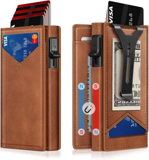 Wallet for Men, RFID Wallet with Money Clip & ID Window, Minimalist Pop Up Credit Card Case Holder 10-12 Cards, Bifold Slim Smart Wallet for Front Pocket, Compact Metal Wallets, Gifts for Men, Brown