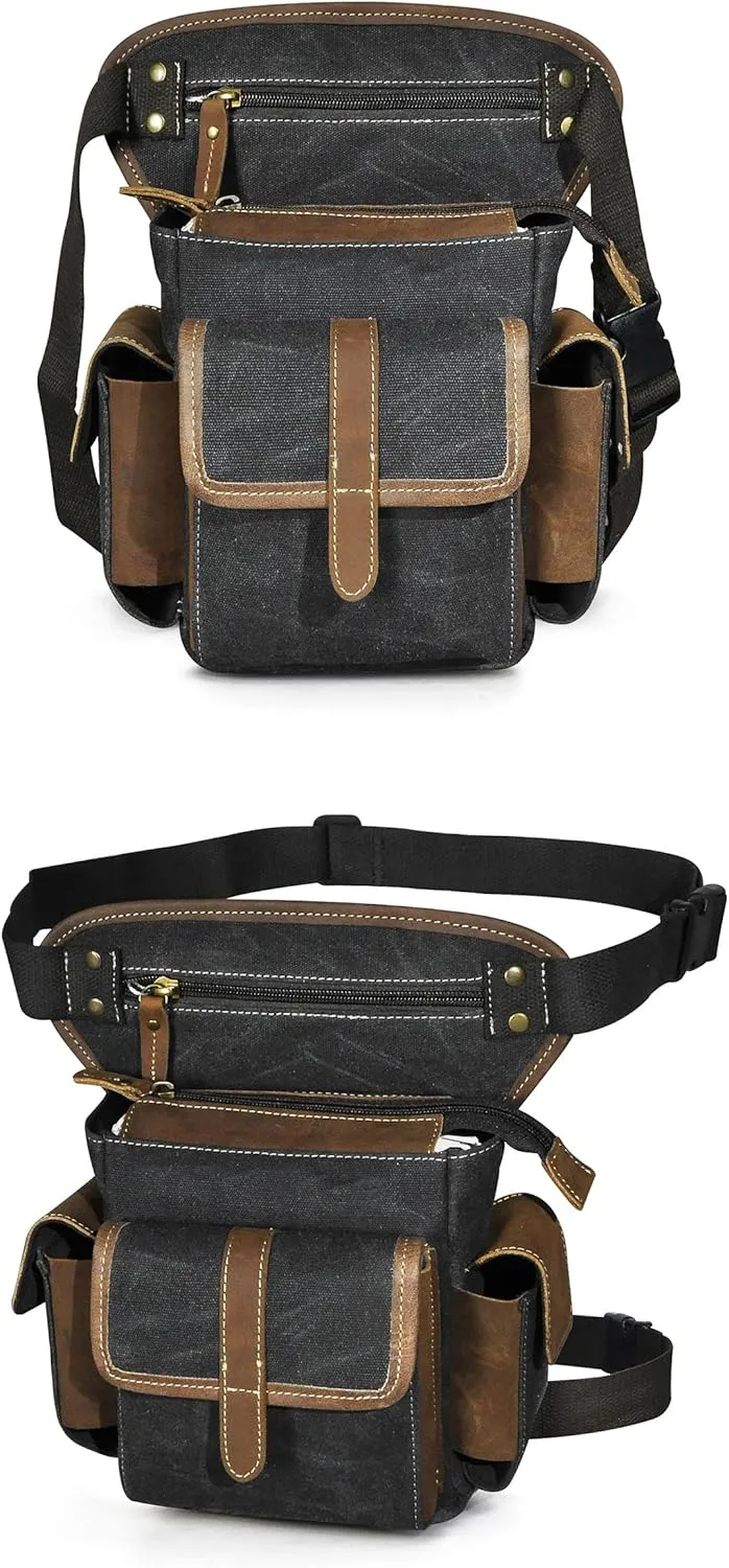 Water Resistant Canvas   Leather Motorcycle Travel Fanny Waist Pack Drop Thigh Leg Bag Pouch For Men Women FB913-5