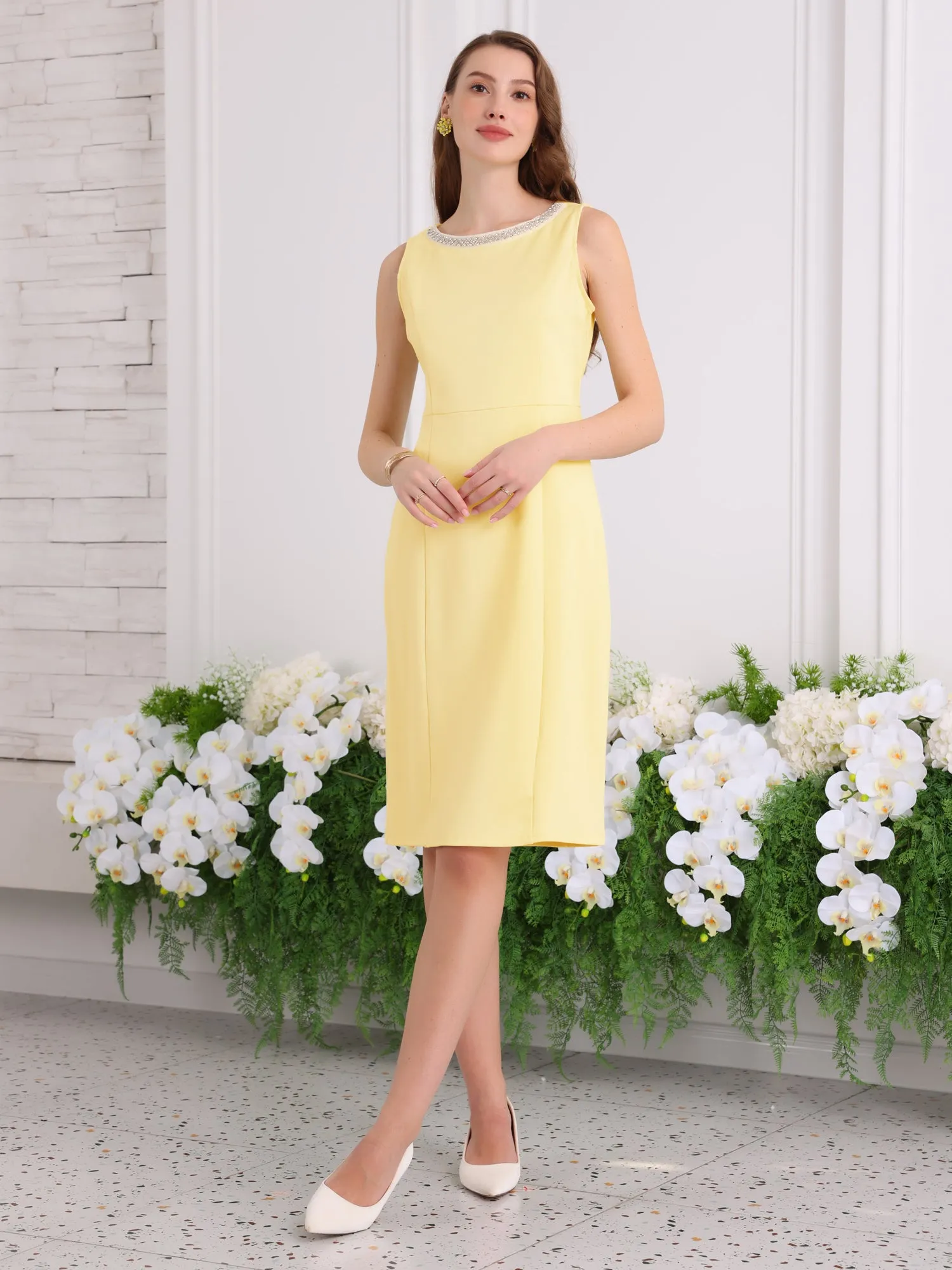 Women's Rhinestone Boat Neck Dresses Sleeveless Pencil Sheath Dress